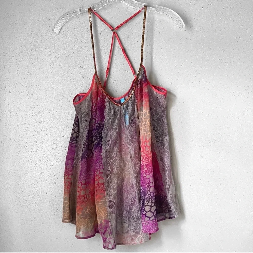 FREE PEOPLE SEQUIN MULTI-COLOR ANIMAL PRINT CAMI TOP BLOUSE SHIRT SIZE LARGE - Picture 4 of 16